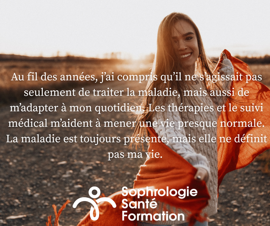 Femme pratiquant la sophrologie pour retrouver sérénité et équilibre face à une maladie chronique, dans un cadre apaisant et lumineux