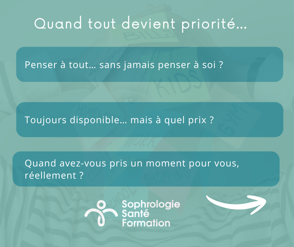 Sophrologie et équilibre de vie : comment concilier priorités personnelles et professionnelles ? Illustration des défis d'équilibre entre vie personnelle et professionnelle avec des questions sur la disponibilité, le prix et le temps pour soi, par Sophrologie Santé Formation