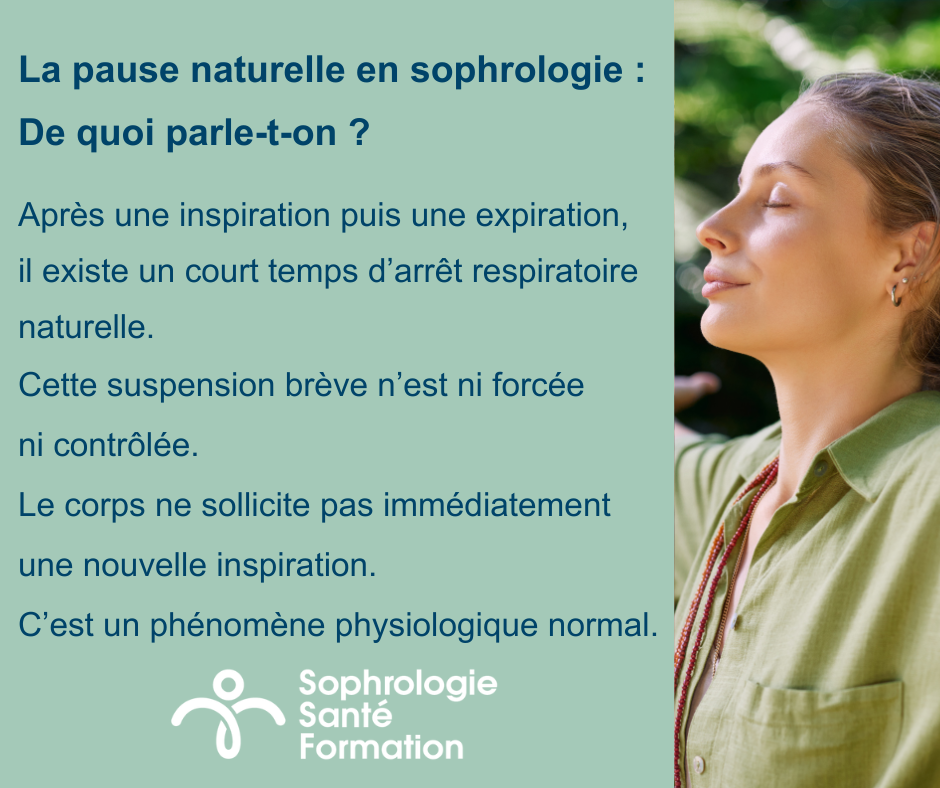 Femme pratiquant la sophrologie avec explication de la pause naturelle après l'inspiration et l'expiration, mécanisme physiologique normal