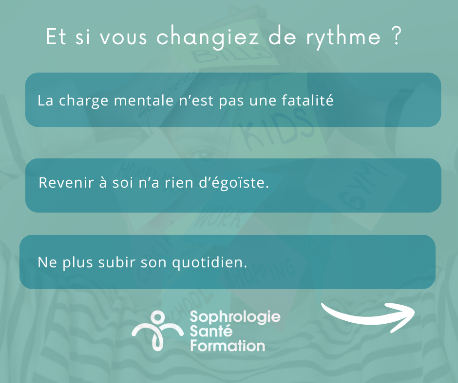 Illustration des bienfaits de la sophrologie pour changer de rythme : réduire la charge mentale, revenir à soi sans égoïsme, et retrouver un quotidien apaisé