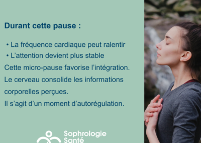 Femme en posture de sophrologie illustrant les effets de la pause naturelle : ralentissement du rythme cardiaque, stabilité de l'attention et intégration des informations corporelles