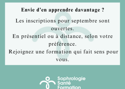 Affiche annonçant l'ouverture des inscriptions pour septembre 2026 aux formations en sophrologie de Sophrologie Santé Formation, en présentiel ou à distance